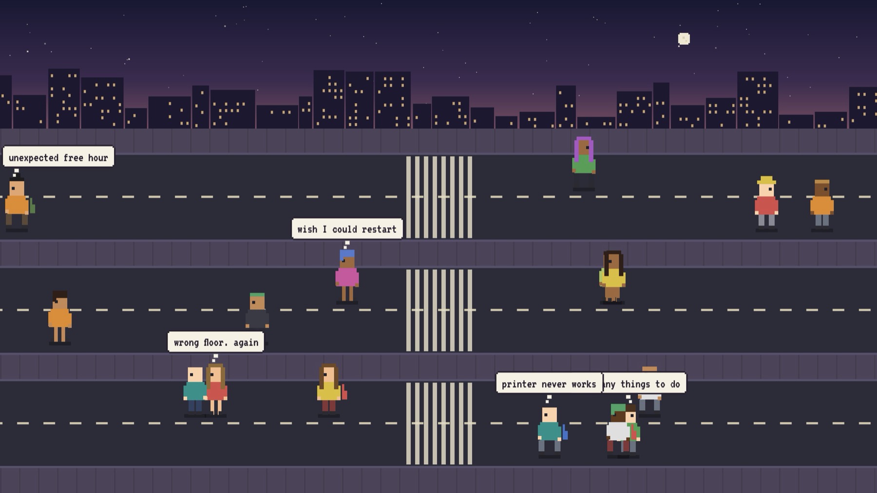 Digital Town: a pixel street at dusk, residents walking with their thoughts above them